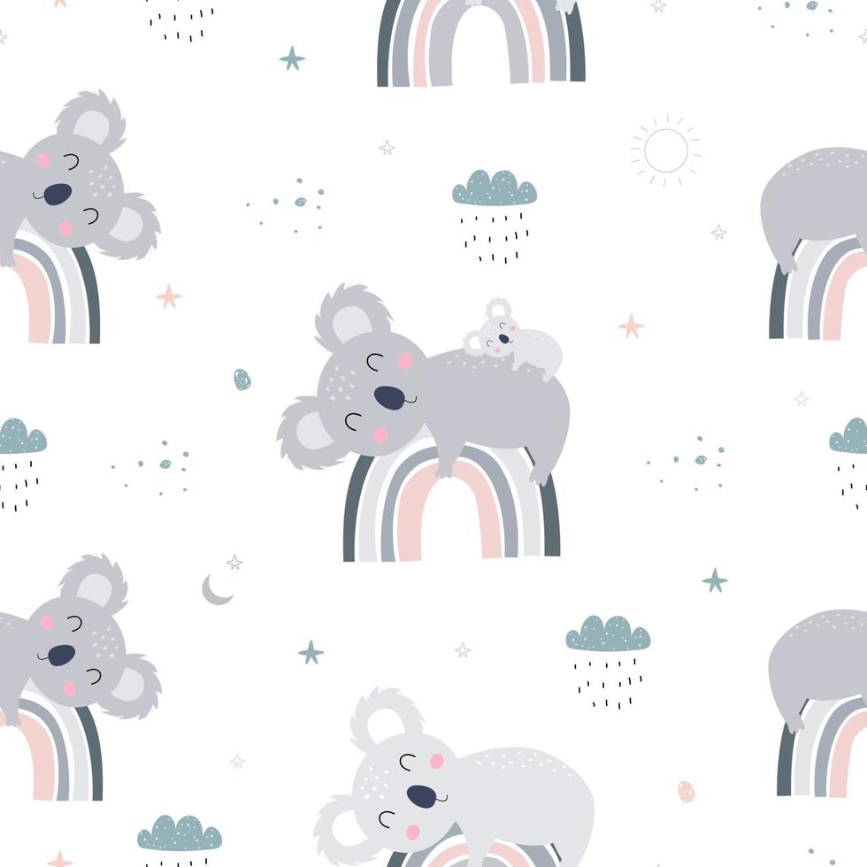 Seamless pattern cute cartoon animal background with koala lying on the rainbow Hand drawn design used for fabric, textiles, vector illustration.