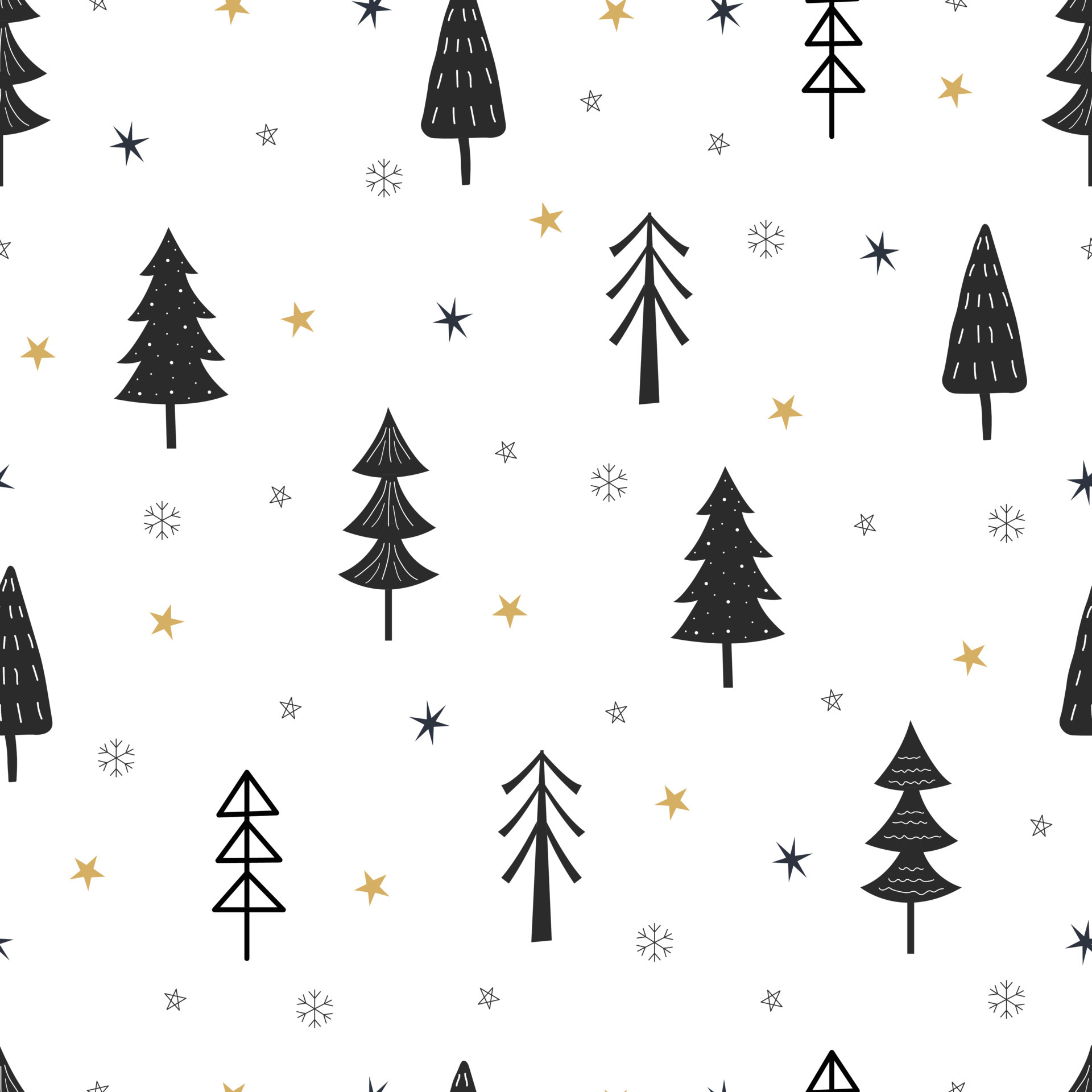 Seamless pattern Christmas background with Christmas tree and stars Hand drawn design in cartoon