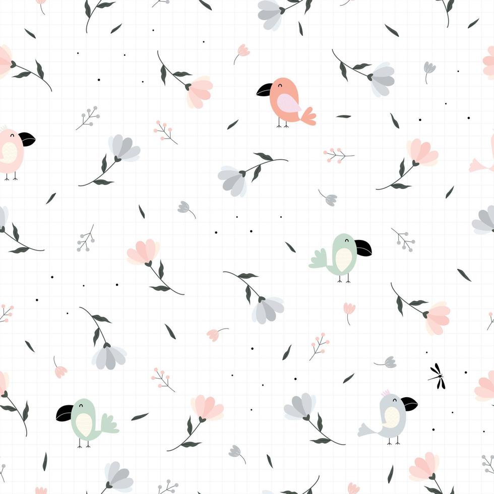 Seamless texture pattern The cute little bird background with flowers and has a square grid as a wallpaper. Design for use in textiles, fabrics, publications, gift wrap Vector illustration