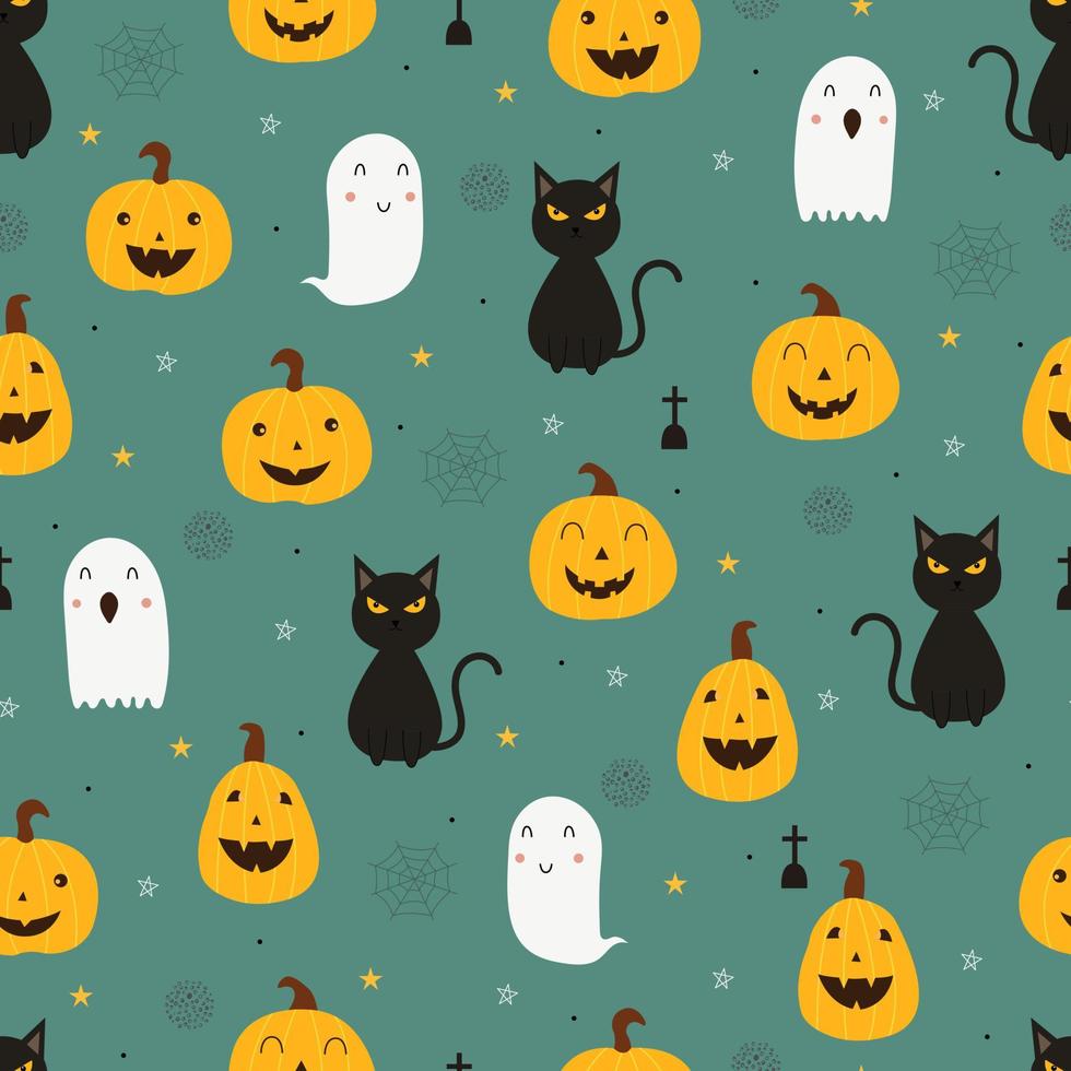 Seamless pattern vector Halloween background with pumpkins and ghosts Hand drawn design in cartoon style Used for print of wallpaper, fabric, textile, fashion