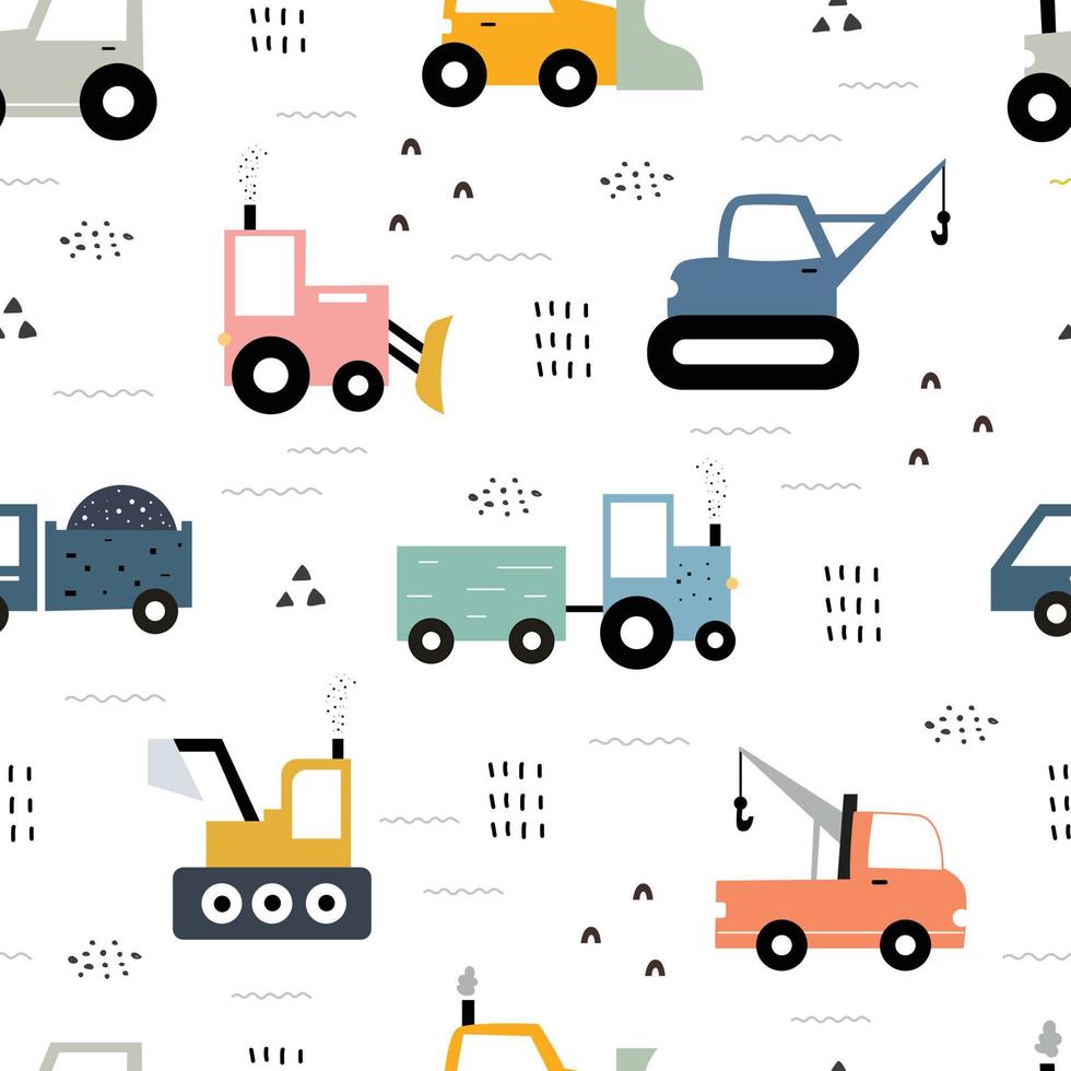 Hand drawn construction vehicle Seamless vector pattern with the tractor on white background Cute design, cartoon-style Used for printing, wallpaper, cloth, fashion textile