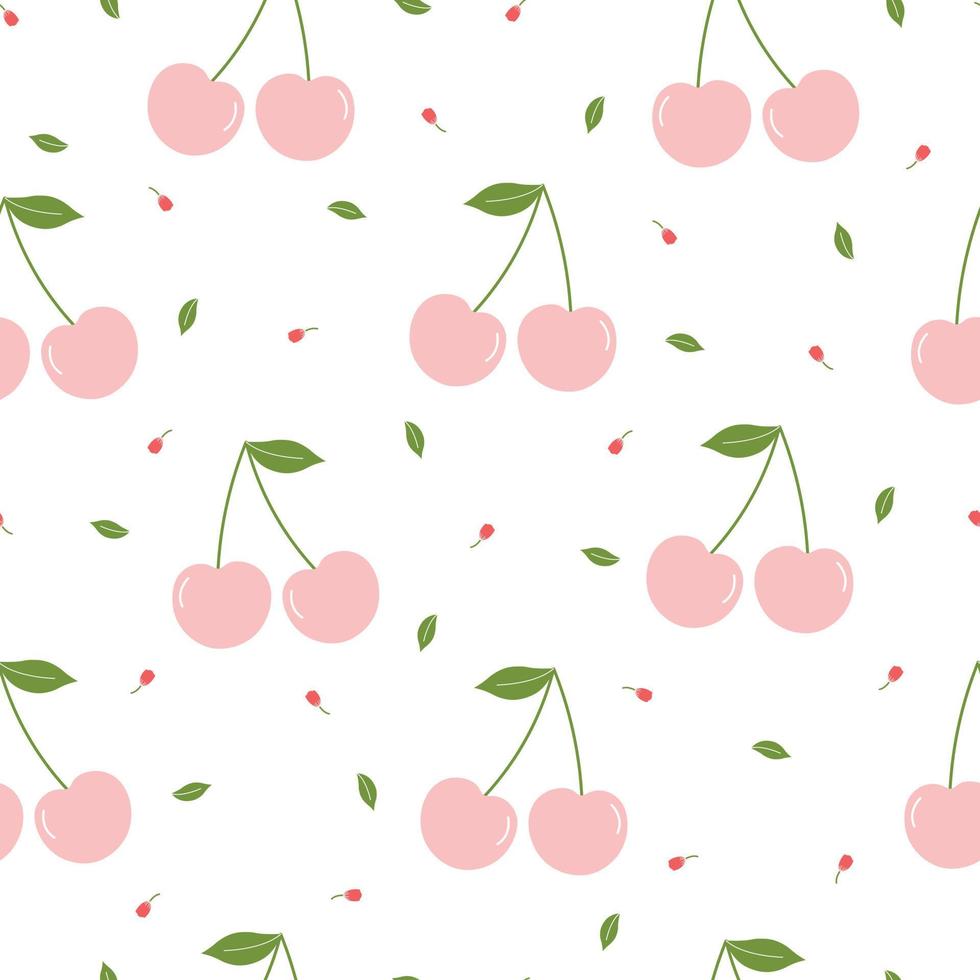 Pink cherry background Seamless pattern hand drawn in cartoon style The design used for Fabric, textiles, wallpaper, gift wrap Vector illustration