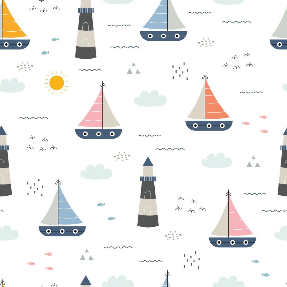 Seamless pattern Sea background with the sailboat and small fish Hand drawn design in cartoon style, use for print, decorative wallpaper, fabric, textiles. Vector illustration