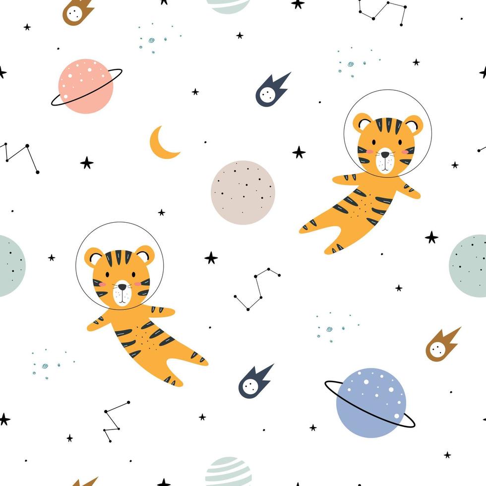 Seamless pattern The tiger floats in the starry space Cute cartoon animal backgrounds used for fabric, textile, wallpaper. Vector illustration