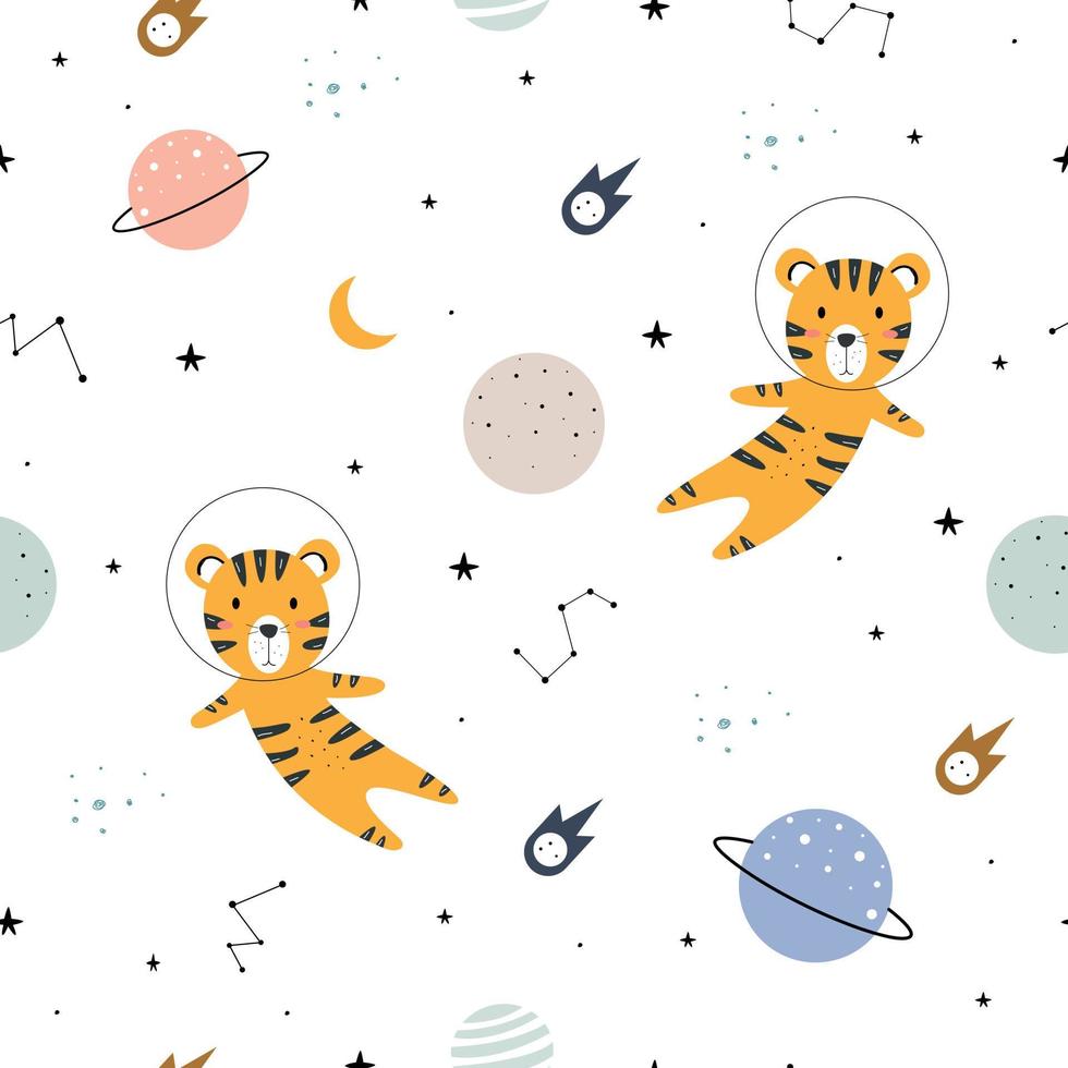 Seamless pattern The tiger floats in the starry space Cute cartoon animal backgrounds used for fabric, textile, wallpaper. Vector illustration