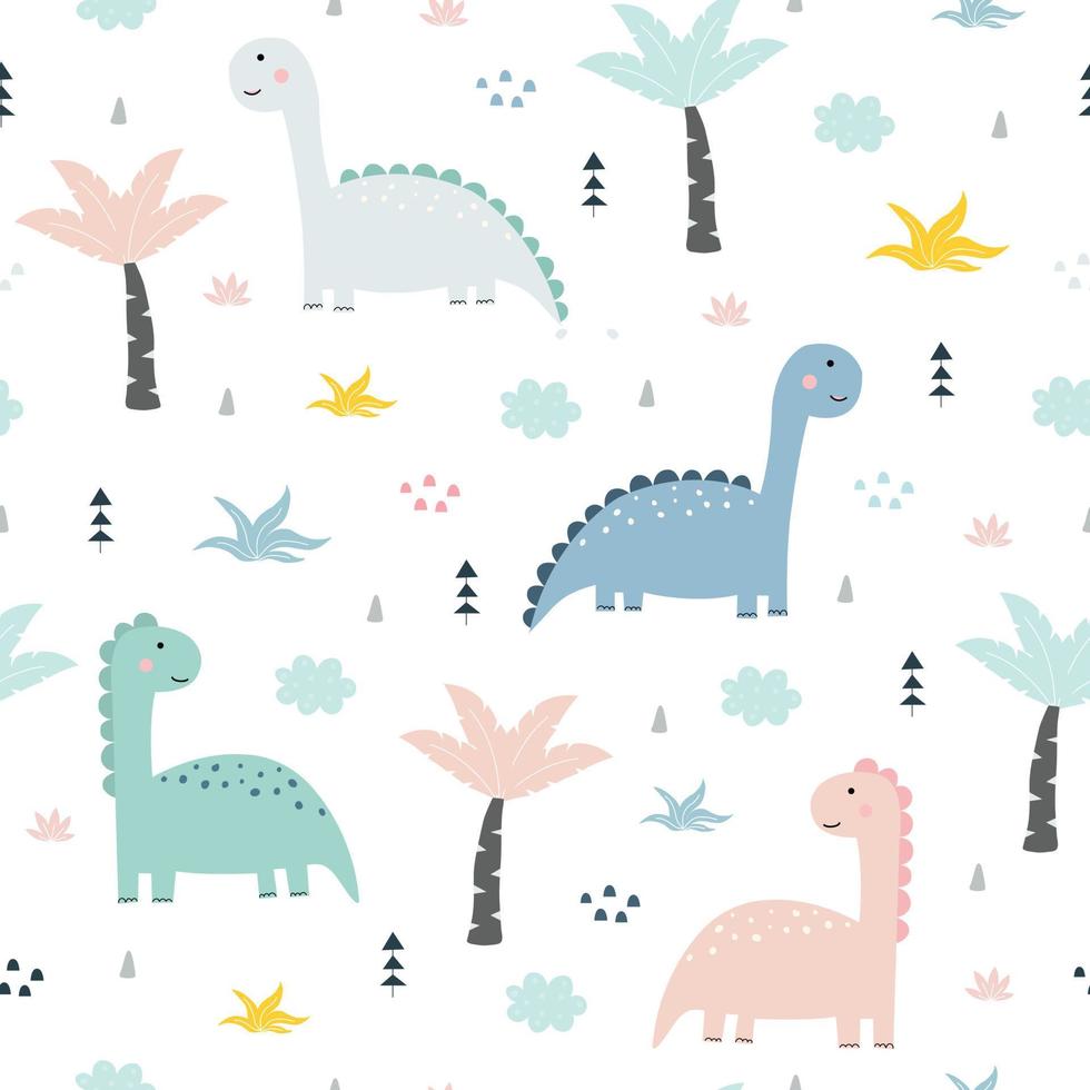 Seamless pattern cartoon background with dinosaurs and palm trees Hand drawn design in childrens style used for printing, textiles Children's clothing vector