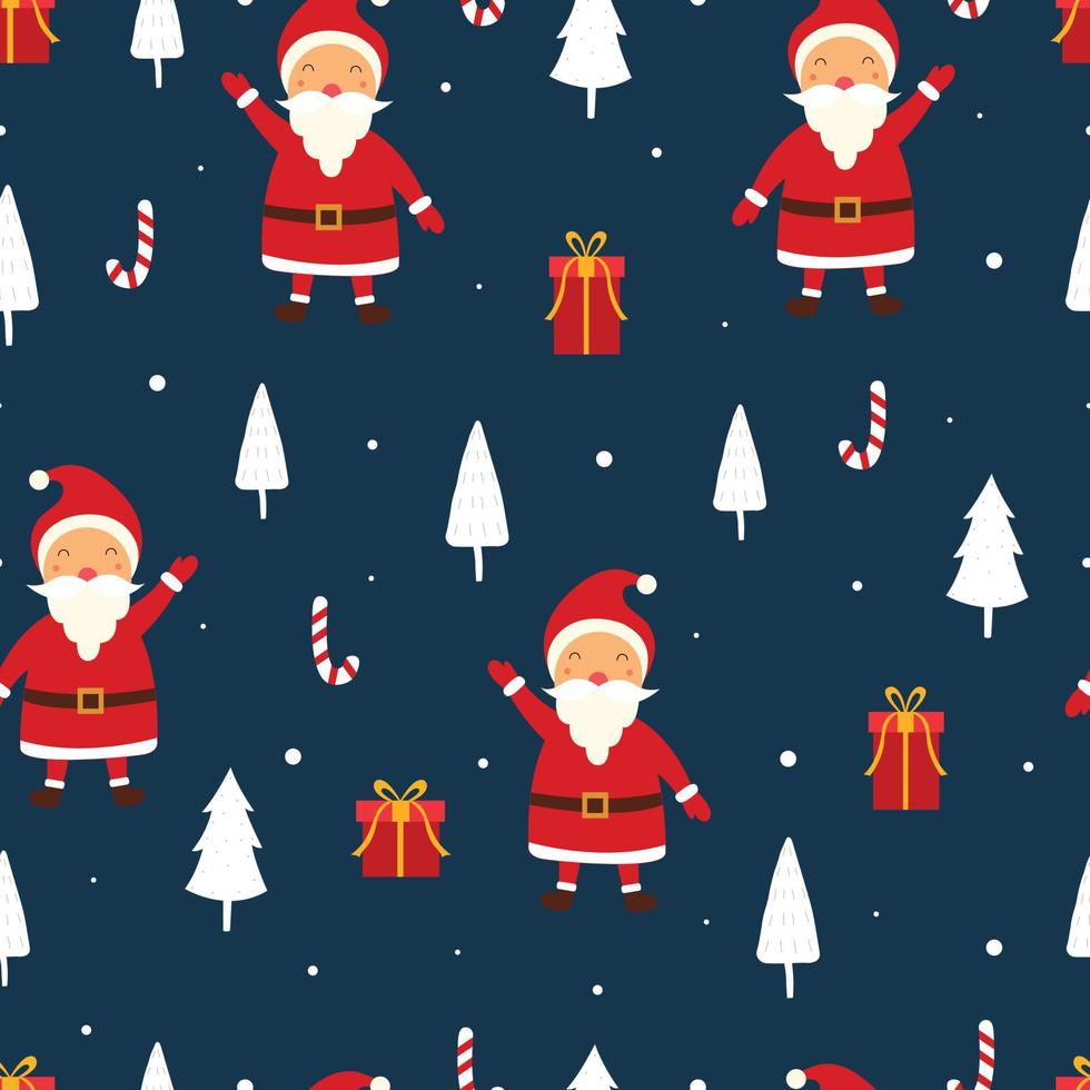 Fondo de Navidad de patrones sin fisuras tiene santa claus con caja de regalo y diseño dibujado a mano de árbol de Navidad en estilo de dibujos animados, uso para impresión, papel tapiz de celebración, tela, textil. ilustración vectorial vector