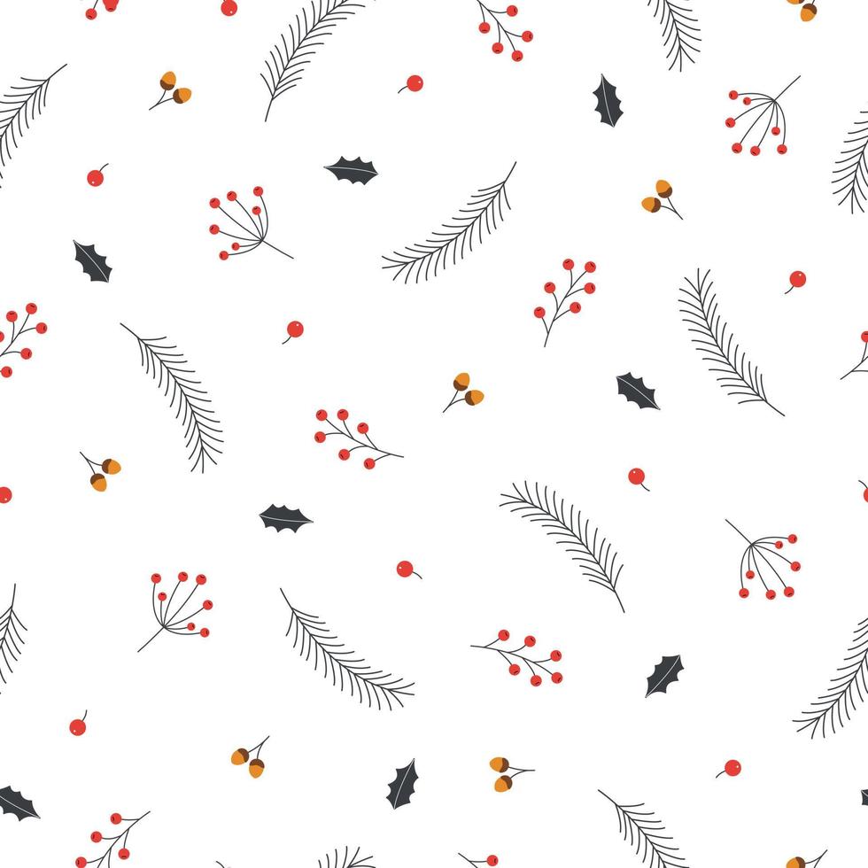 Seamless pattern Christmas background With Christmas tree branches and berries Hand drawn design in cartoon style used for print, celebration wallpaper, vector illustration.