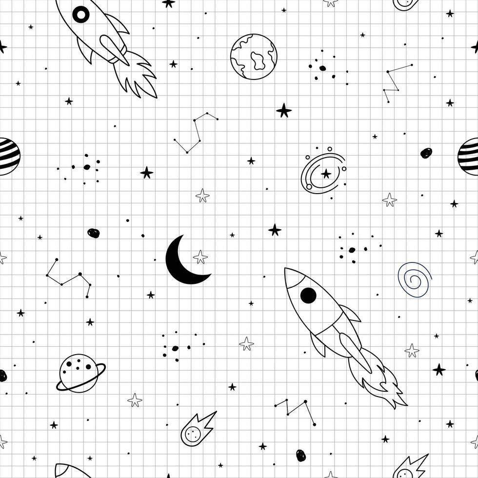 Fondo de espacio de patrones sin fisuras con estrella y cohete y tiene una cuadrícula cuadrada como papel tapiz para uso textil, moda, ilustración vectorial. vector