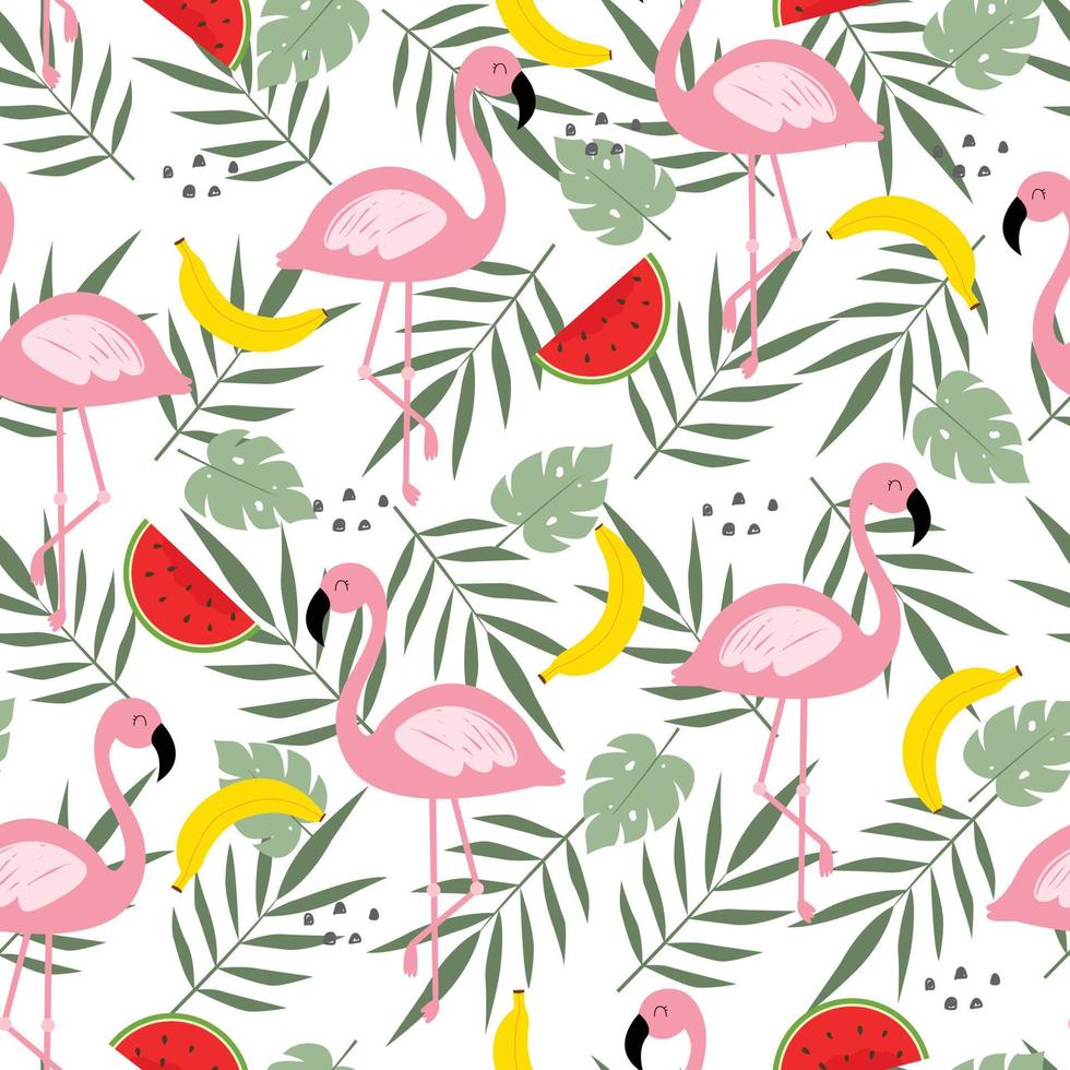 Seamless pattern of flamingo with leaves Cartoon hand drawn animal background in child style Design used for printing, wallpaper, fabric, textile, vector illustration