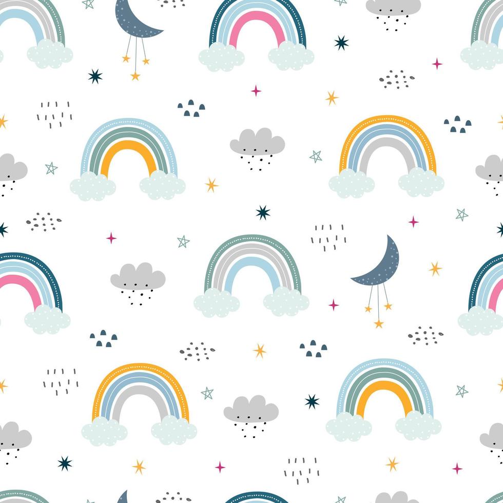 Seamless pattern Rainbow and clouds on a white background Hand drawn design in cartoon style, use for print, wallpaper, fabric, textile fashion. Vector illustration