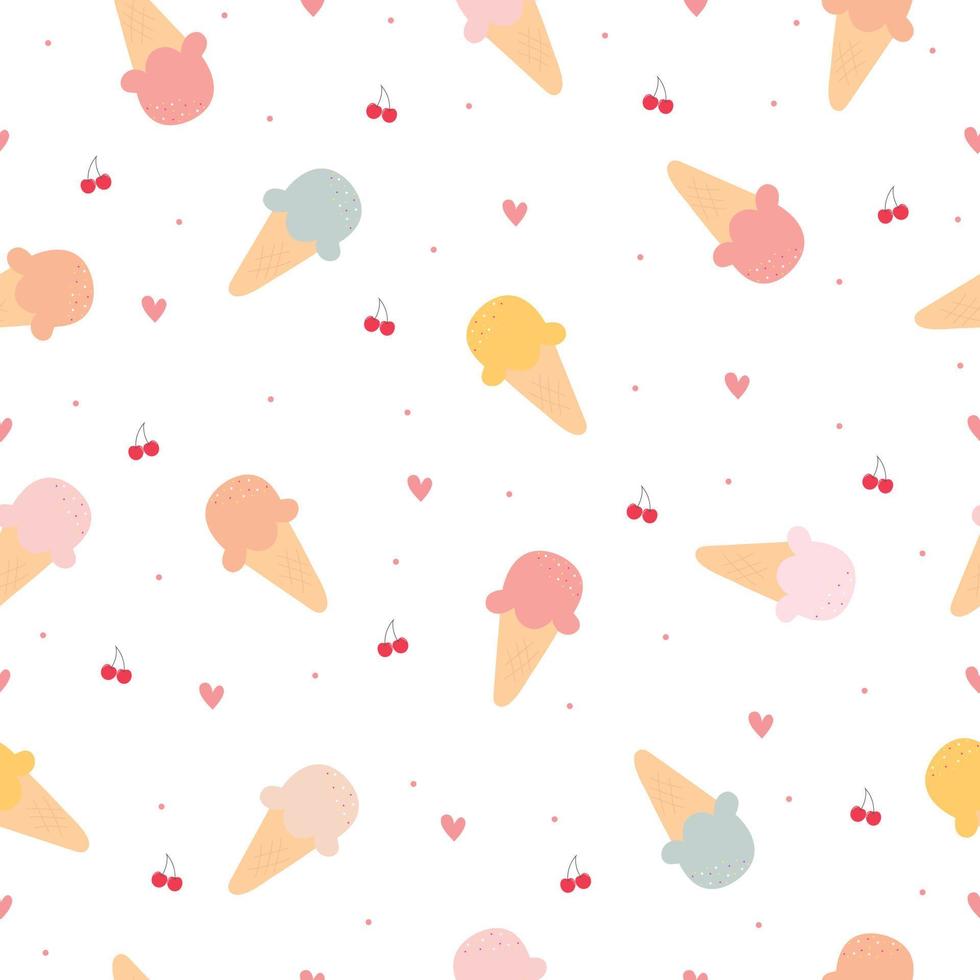 Fondo de estilo de dibujos animados lindo cono de helado de patrones sin fisuras con diseño de icono de cereza y corazón utilizado para tela, textil, publicación, ilustración vectorial vector