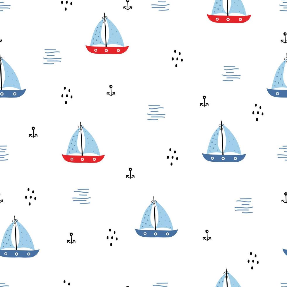 Seamless pattern The sea has a Boat and anchors Lovely design used for publications, wallpapers, textiles, vector illustrations.