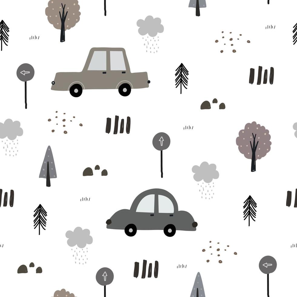 Fondo de dibujos animados de transporte para niños patrón transparente de vector con coches y montañas con diseño dibujado a mano de estilo infantil de viaje utilizado para impresión, papel tapiz, tela, textil.