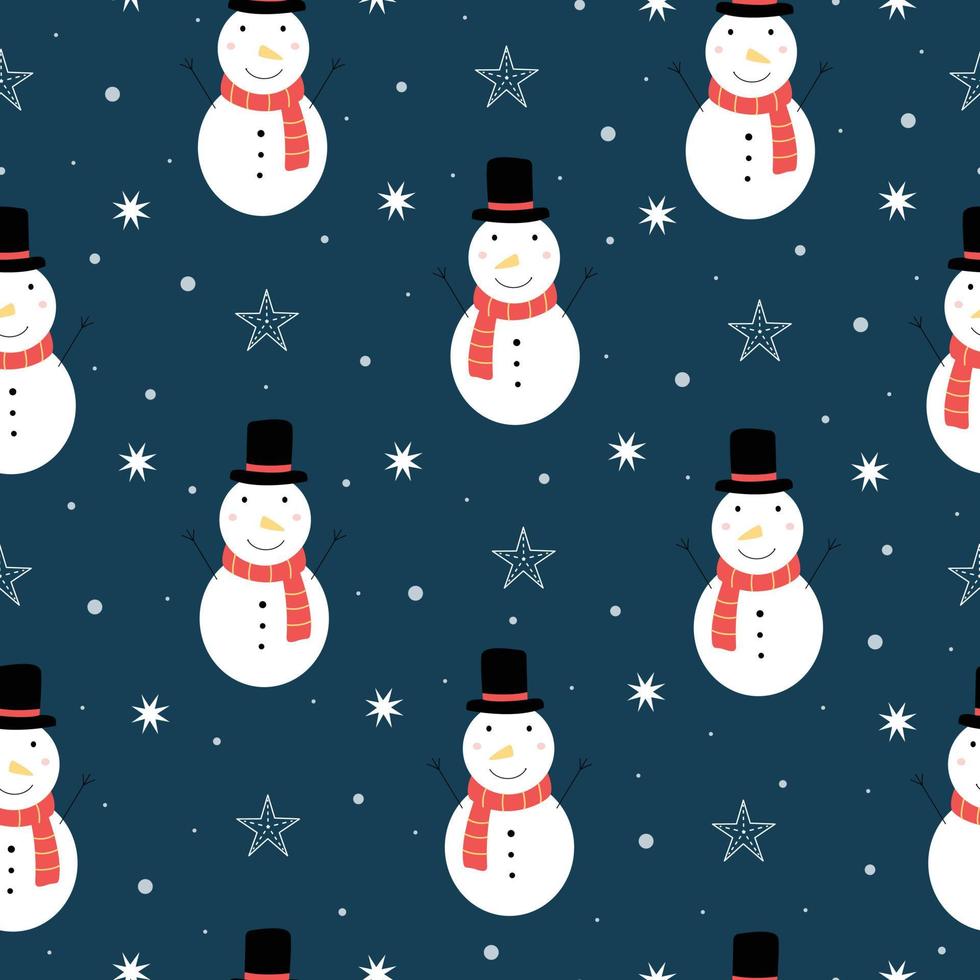 Christmas seamless pattern A snowman and snowflakes on a blue background. Hand drawn design in cartoon style, use for print, celebration wallpaper, fabric, textile. Vector illustration