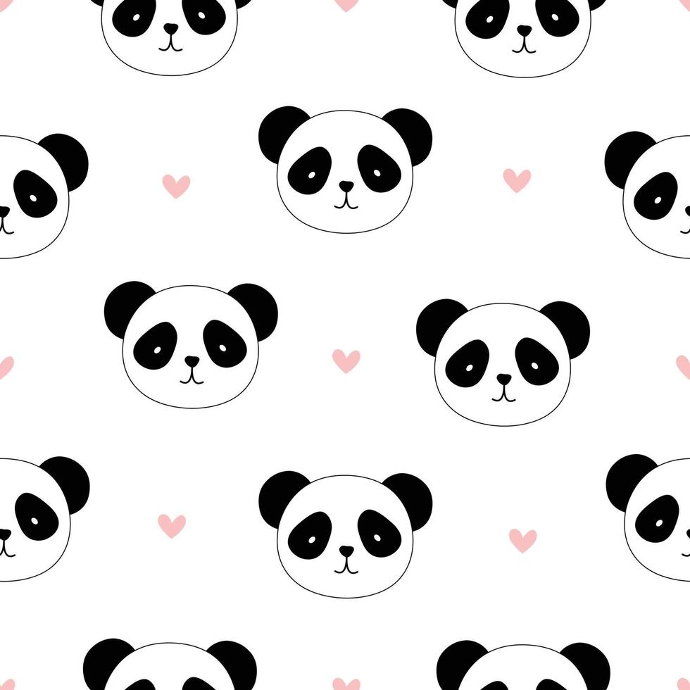 Fondo de animales de dibujos animados de patrones sin fisuras con cara de panda con diseño de icono de corazón pequeño utilizado para tela, textil, impresión de papel tapiz, ilustración de vector de decoración