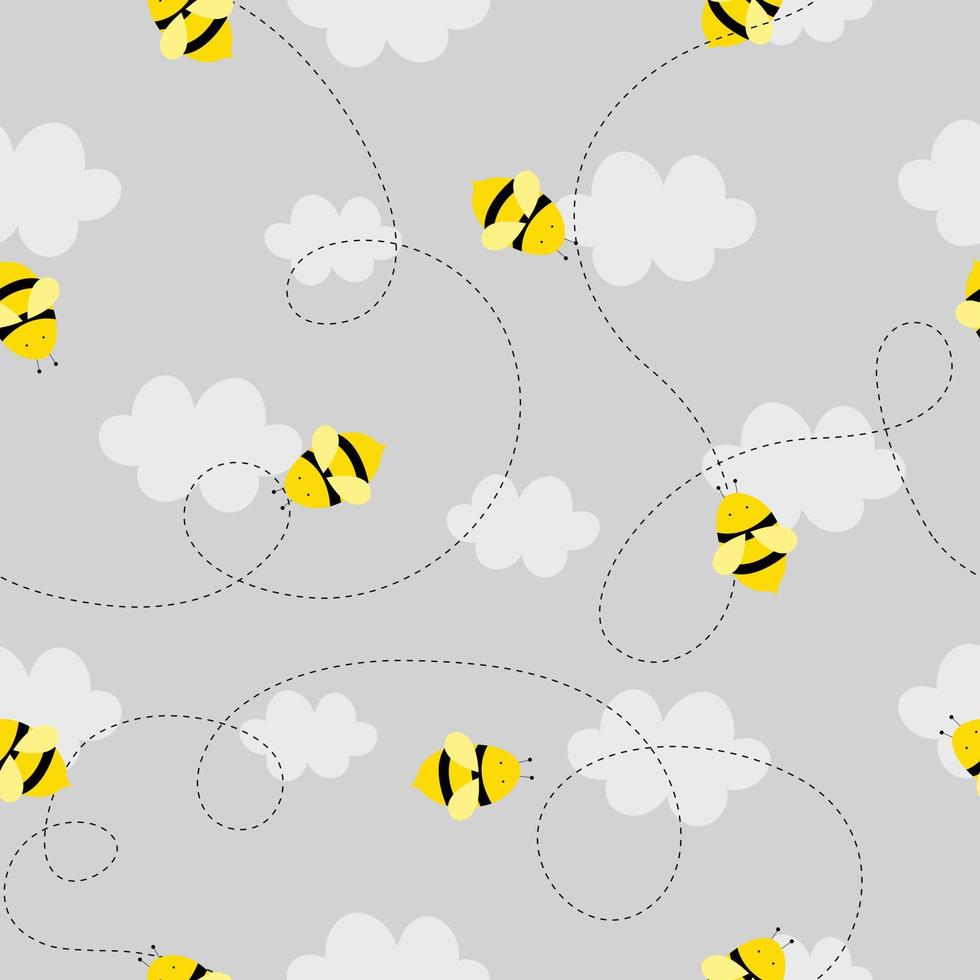 Seamless vector pattern The background of the bees flying in the sky with clouds Cute design in cartoon style Use for publication, wallpaper, fabric, textile, gray background illustration.