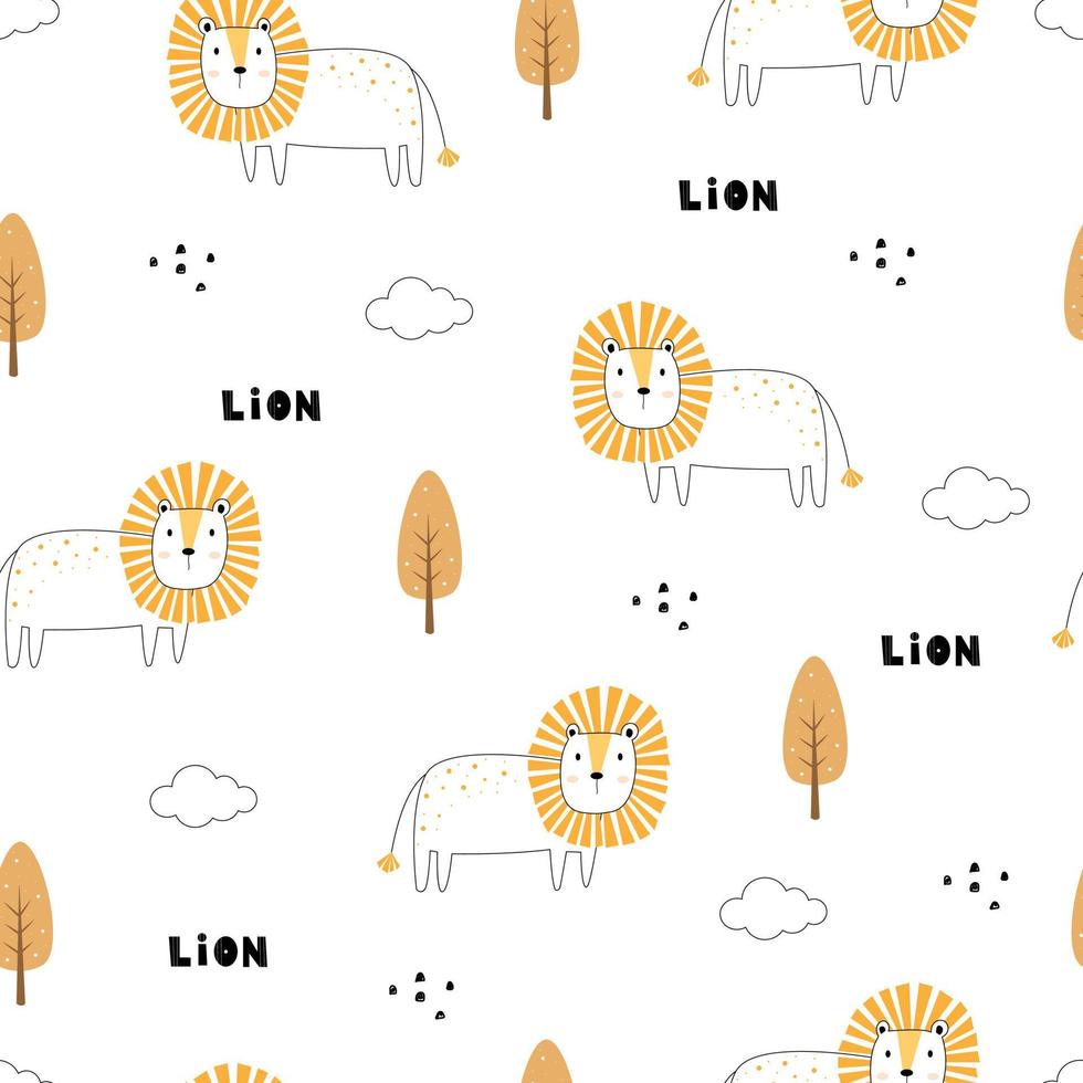 Seamless lion and tree pattern Cartoon hand drawn animal background in child style Designed for publication, wallpapers, fabric, textiles. Vector illustration