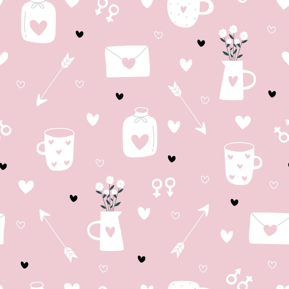 Seamless pattern Valentine day background with pink heart and flower vase and water glass hand drawn design in cartoon style used for print, wallpaper, decoration, fabric, textile Vector illustration