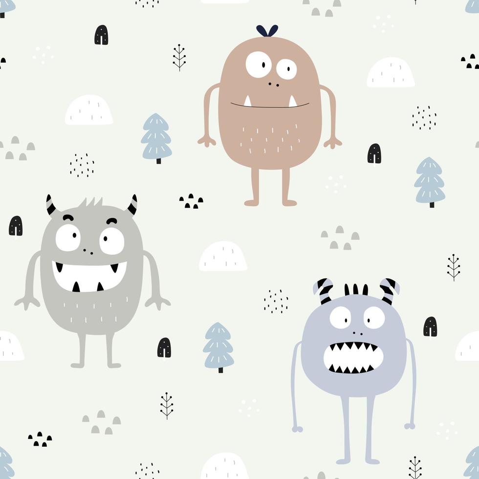 Monster seamless pattern Cute monster cartoon background Hand drawn design in kid style, use for fabric, textile, print, wallpaper. Vector illustration
