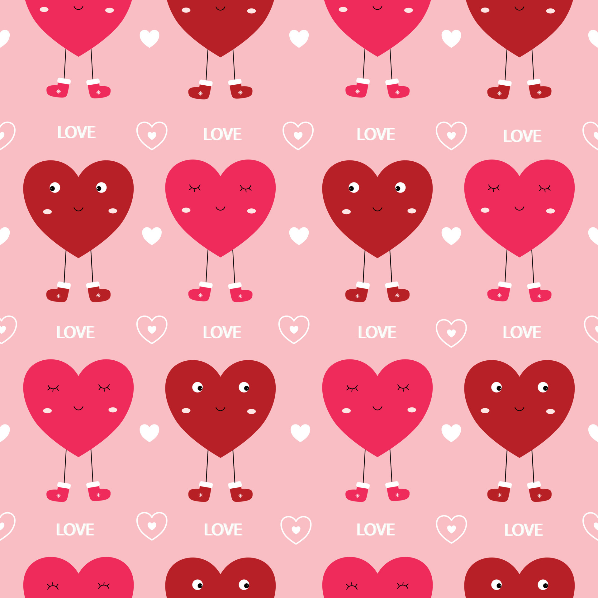 Seamless Pattern with Kawaii Pink Hearts Isolated on White