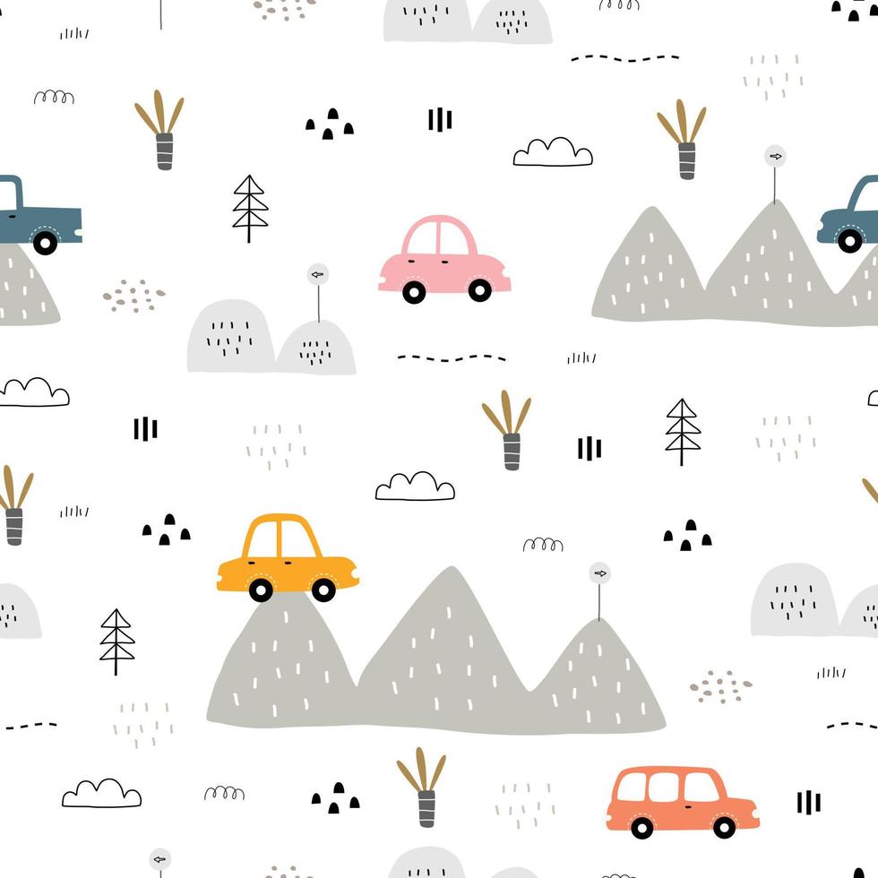 Seamless pattern A car with a mountain on a white background Hand drawn design in cartoon style, use for print, wallpaper, fabric, textile. Vector illustration