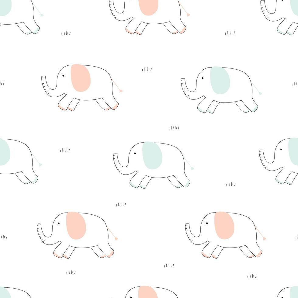 Seamless pattern child elephant hand drawn Cute cartoon animal backgrounds used for fabric, textiles, wallpapers, Vector illustration