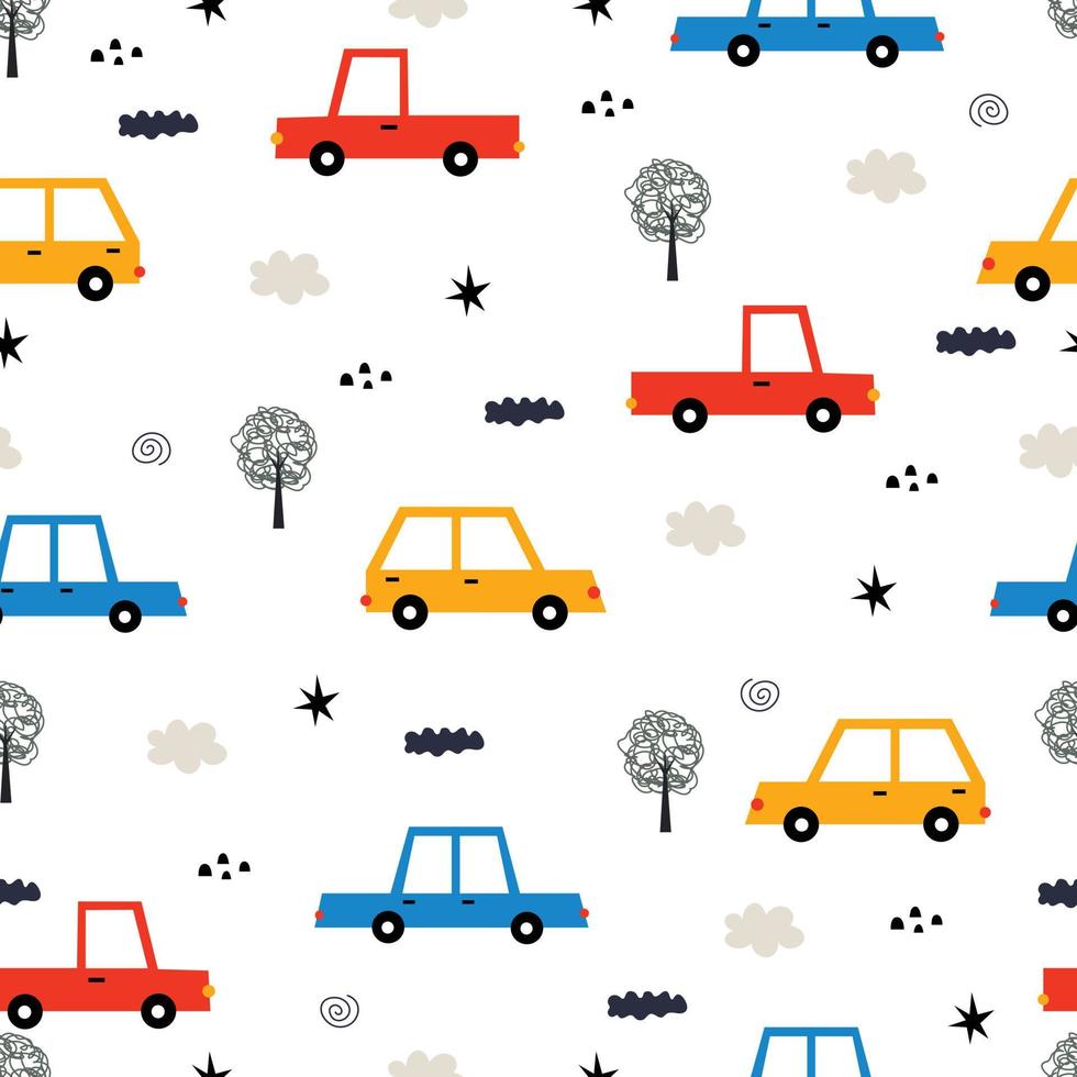 Seamless pattern Vintage car background with trees and clouds Hand drawn design in cartoon style used for publication, wallpaper, textiles Vector illustration