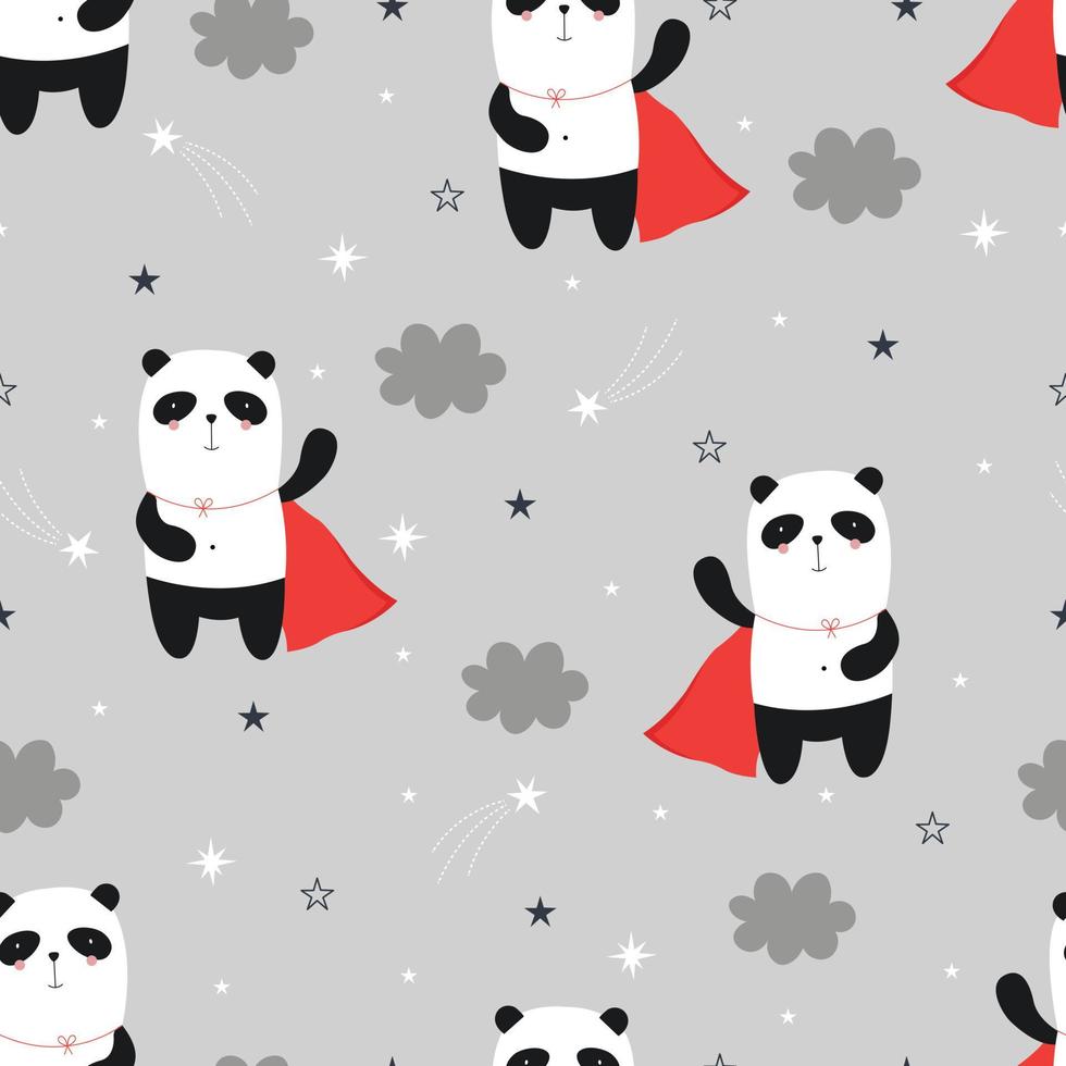 Panda Hero Seamless Pattern Hand drawn cartoon animal background in childrens style Vector design used for fabric, textile, fashion, publications