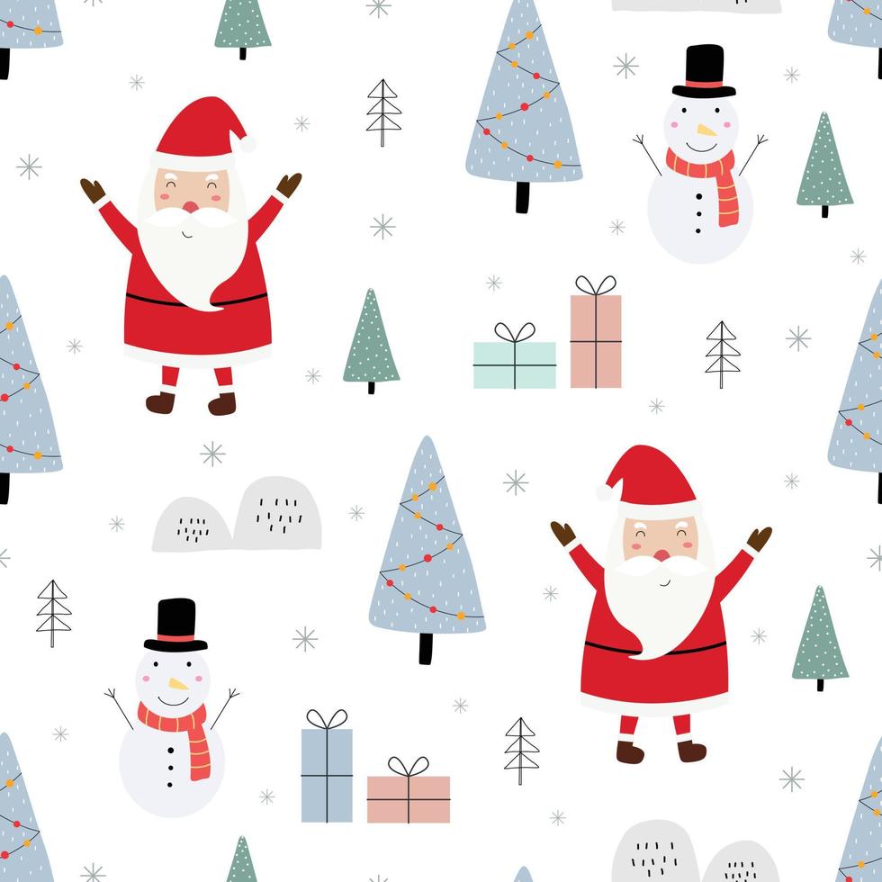 Fondo de Navidad de patrones sin fisuras tiene santa claus con regalos y diseño de árbol de Navidad dibujado a mano en estilo de dibujos animados utilizado para impresión de papel tapiz, celebración, ilustración de vector de textil de moda