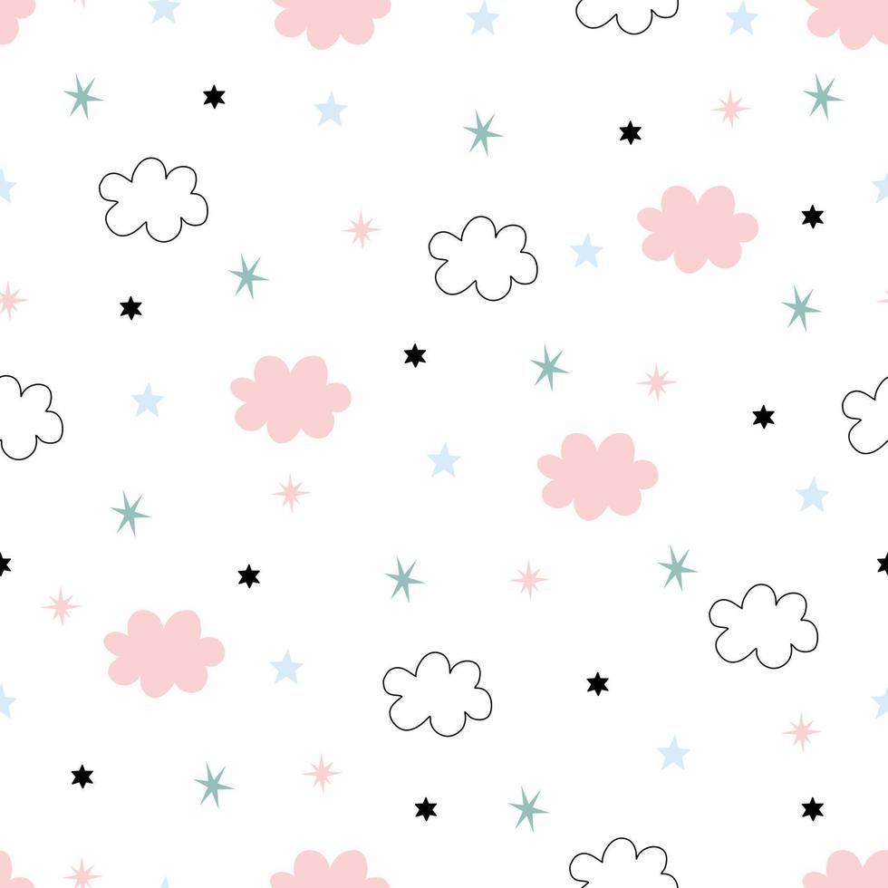 Seamless pattern vector Clouds and stars on a white background Hand drawn design in cartoon style Used for cloth, fashion, textile