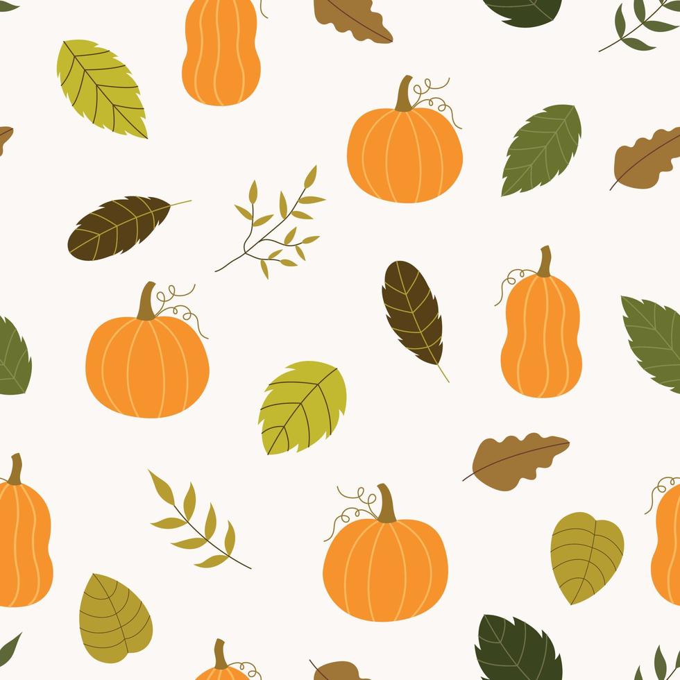 Vector pattern Seamless background orange pumpkins with autumn leaves Hand drawn design suitable for print, wallpaper.