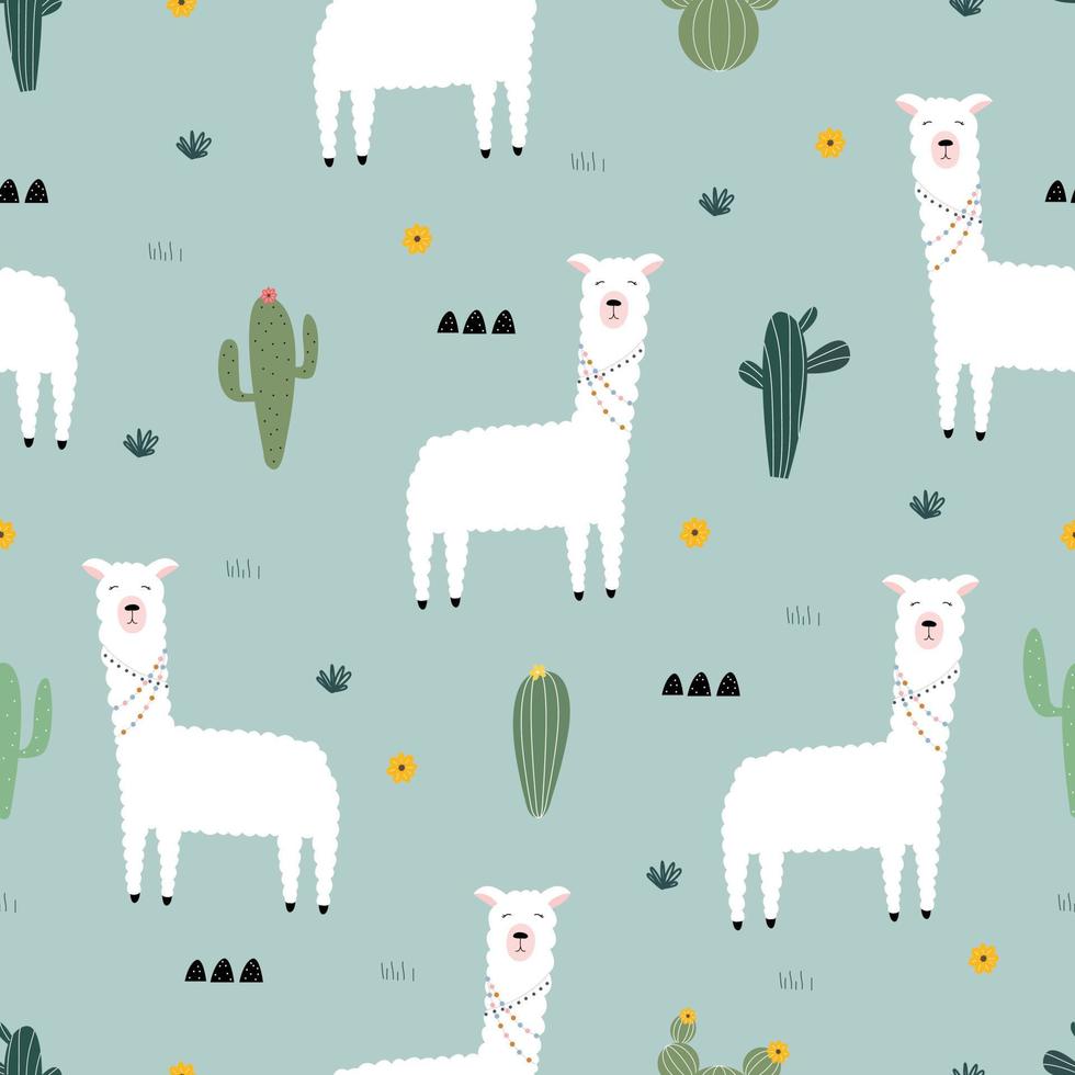 Seamless pattern with lama with cactus Cute cartoon background hand drawn in childrens style For fabrics, textiles, wallpapers vector