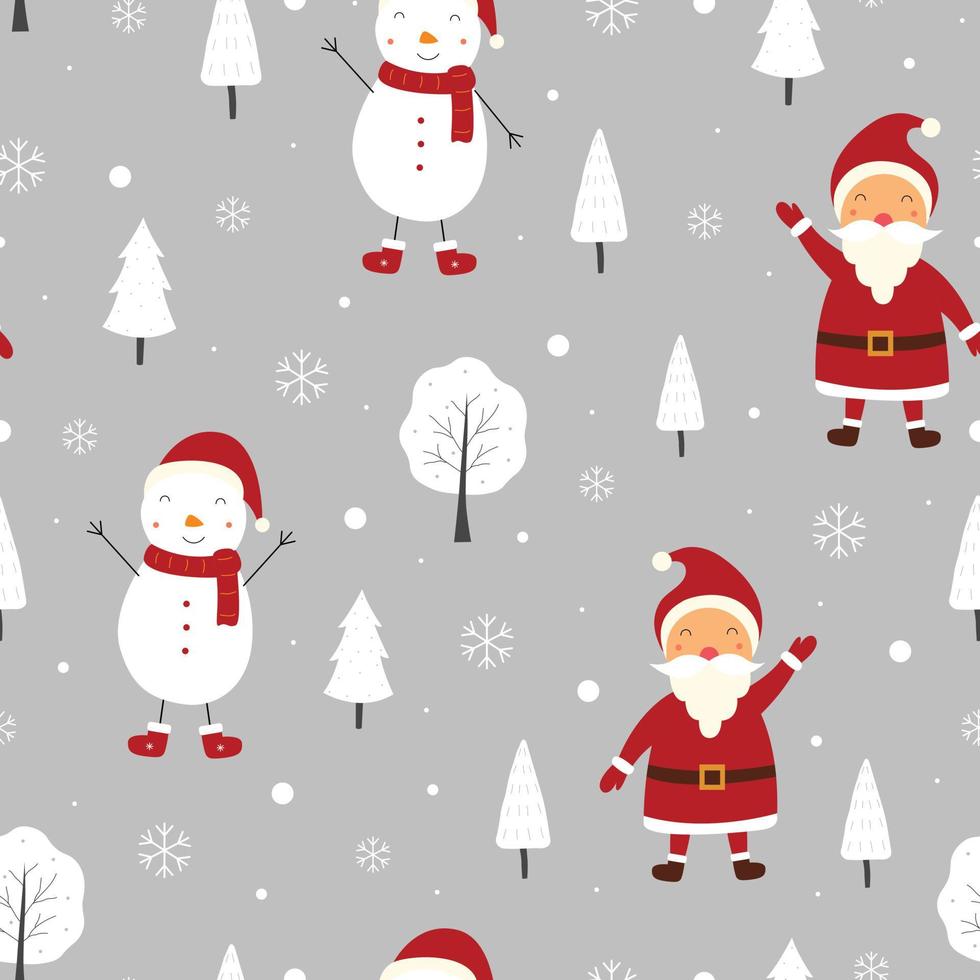 Seamless pattern Christmas background has santa claus with snowmen and pine trees Hand drawn design in cartoon style, use for print, celebration wallpaper, fabric, textile. Vector illustration