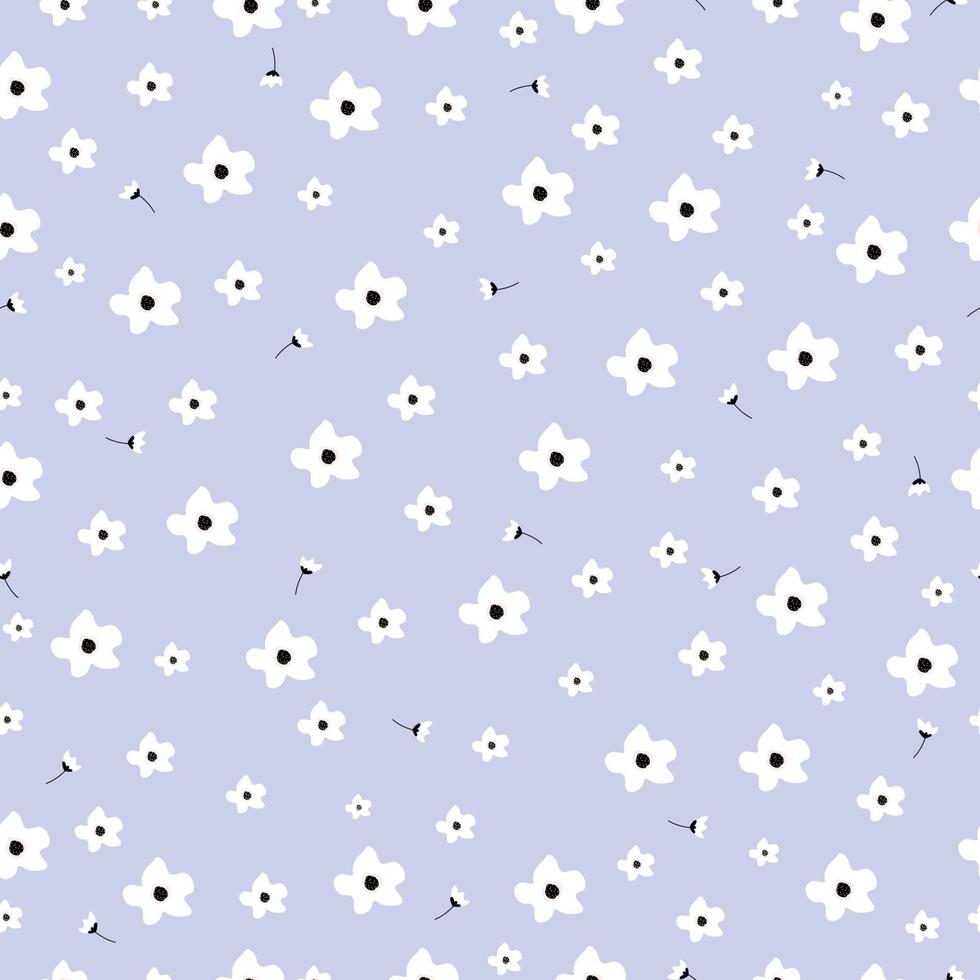 Seamless pattern White flower on a blue background Hand drawn design in cartoon style used for Publications, poster, gift wrap, clothing, textile, vector illustration