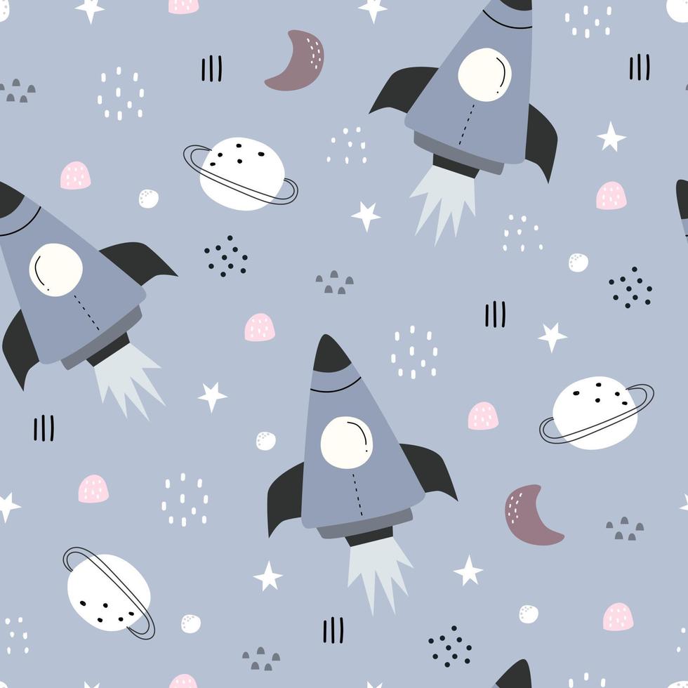 Space background illustration with rocket and stars Seamless vector pattern hand drawn in cartoon style used for print, wallpaper, decoration, fabric, textile.