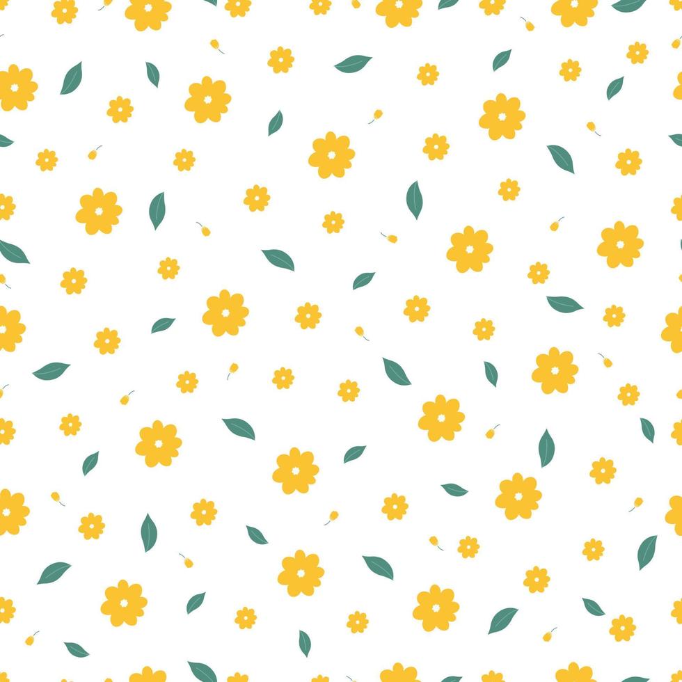 Seamless pattern Yellow flower and green leaf background Hand drawn design in cartoon style, use for print, wallpaper, fabric pattern, textiles. Vector illustration