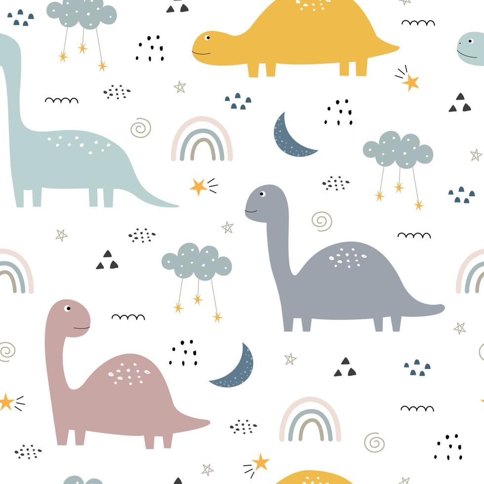 dinosaurios y el arco iris en el cielo. Mano de fondo de animales de dibujos animados lindo de patrones sin fisuras dibujada en un diseño de estilo infantil utilizado para impresión, papel tapiz, tela, textil, ilustraciones vectoriales. vector