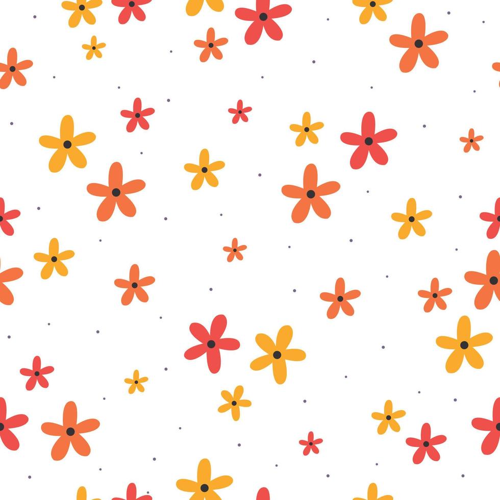 Seamless pattern Small and large colorful flower backgrounds are randomly distributed on a white background with a small black dot. The design used for fabric, textile, fashion, vector illustration