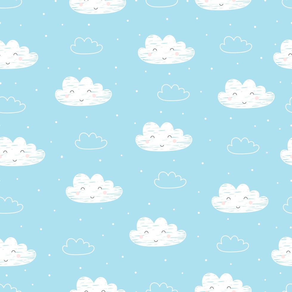 Seamless pattern The sky background with white cloud with a smile Cute cartoon style design used for announcement, gift wrapping, fabric, textile, vector illustration