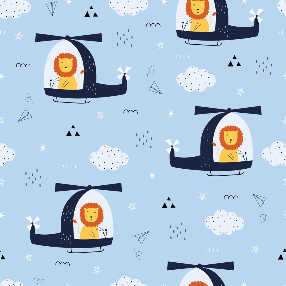 Fondo de dibujos animados de patrones sin fisuras con un león conduciendo un helicóptero flotando en el cielo Diseño dibujado a mano en estilo infantil, uso para impresión, papel tapiz, tela, moda textil. ilustración vectorial vector