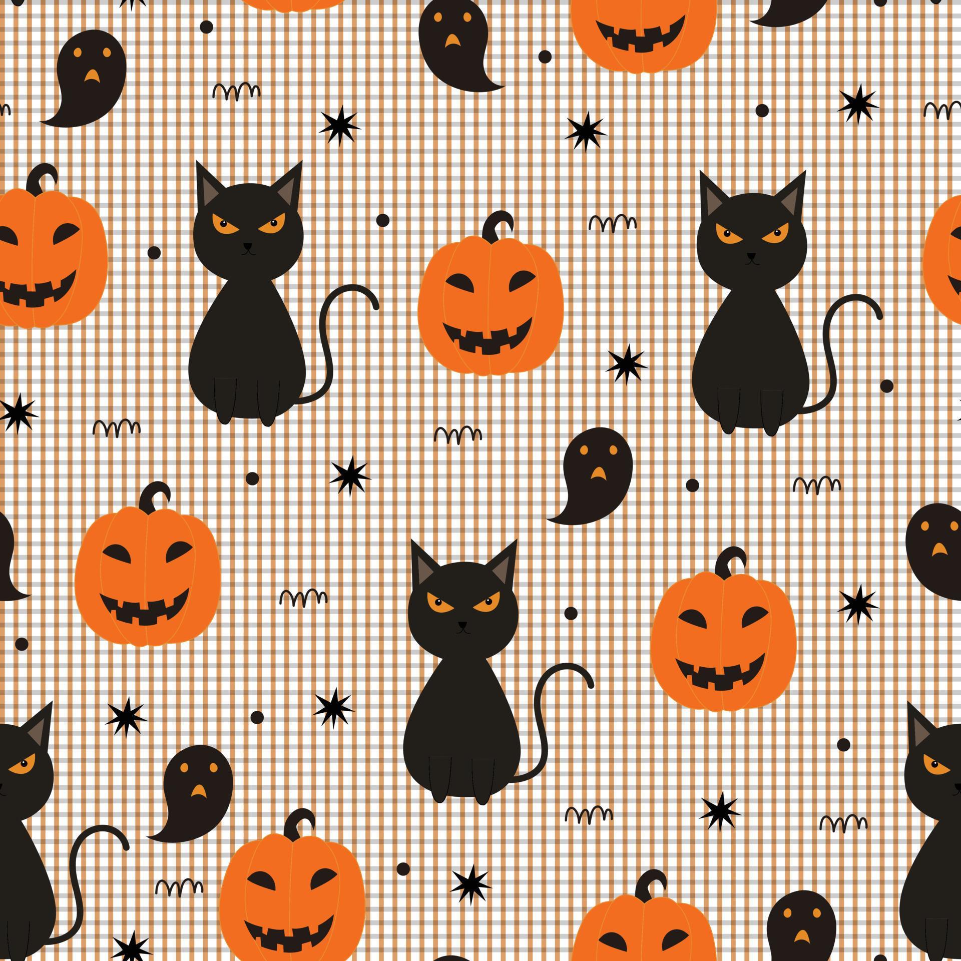 Halloween seamless pattern with black cat and ghost pumpkin Hand drawn ...