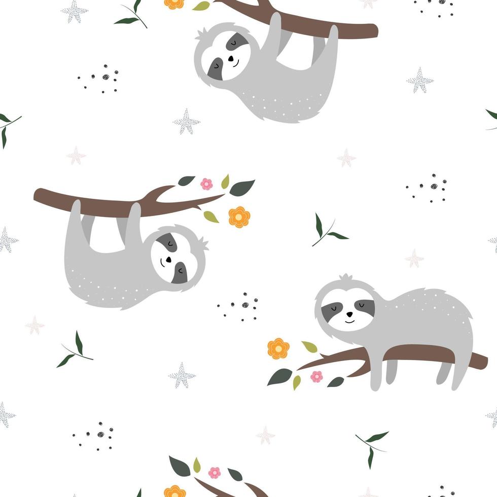 Seamless pattern for children Sloth cartoon character perched on a branch Hand drawn cute animal background in child style Vector illustration used for fabric pattern, textile, publication