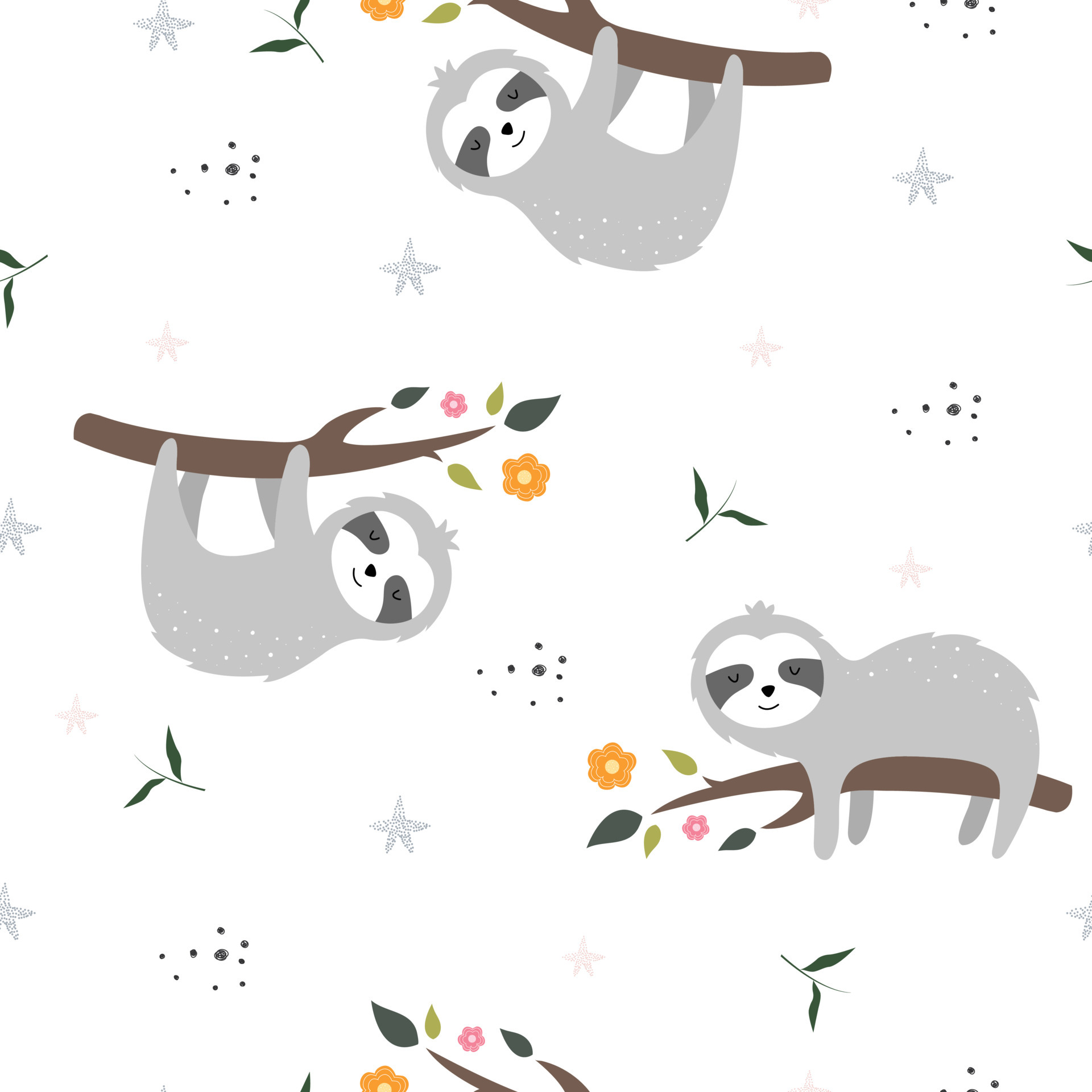 Seamless pattern for children Sloth cartoon character perched on a branch  Hand drawn cute animal background in child style Vector illustration used  for fabric pattern, textile, publication 4552735 Vector Art at Vecteezy
