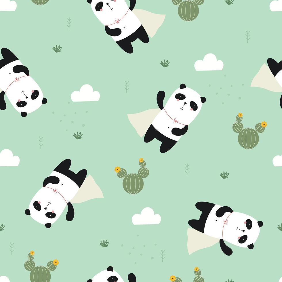 Panda Hero Seamless Pattern Hand drawn cartoon animal background in childrens style Vector design used for fabric, textile, fashion, publications