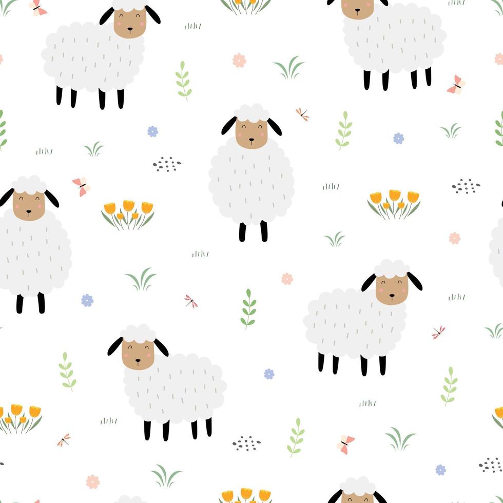 Fondo de animales de dibujos animados de patrones sin fisuras con ovejas en campo de flores diseño dibujado a mano en estilo infantil utilizado para tela de patrón, textil, papel tapiz. ilustración vectorial vector