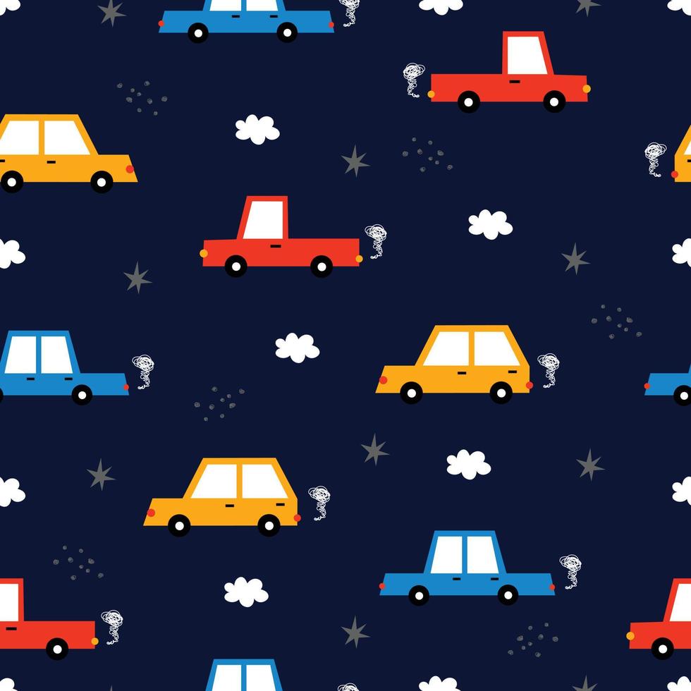 Seamless pattern Vintage cars with stars and clouds on a blue background Hand drawn design in cartoon style Used for publication, wallpaper, textiles Vector illustration