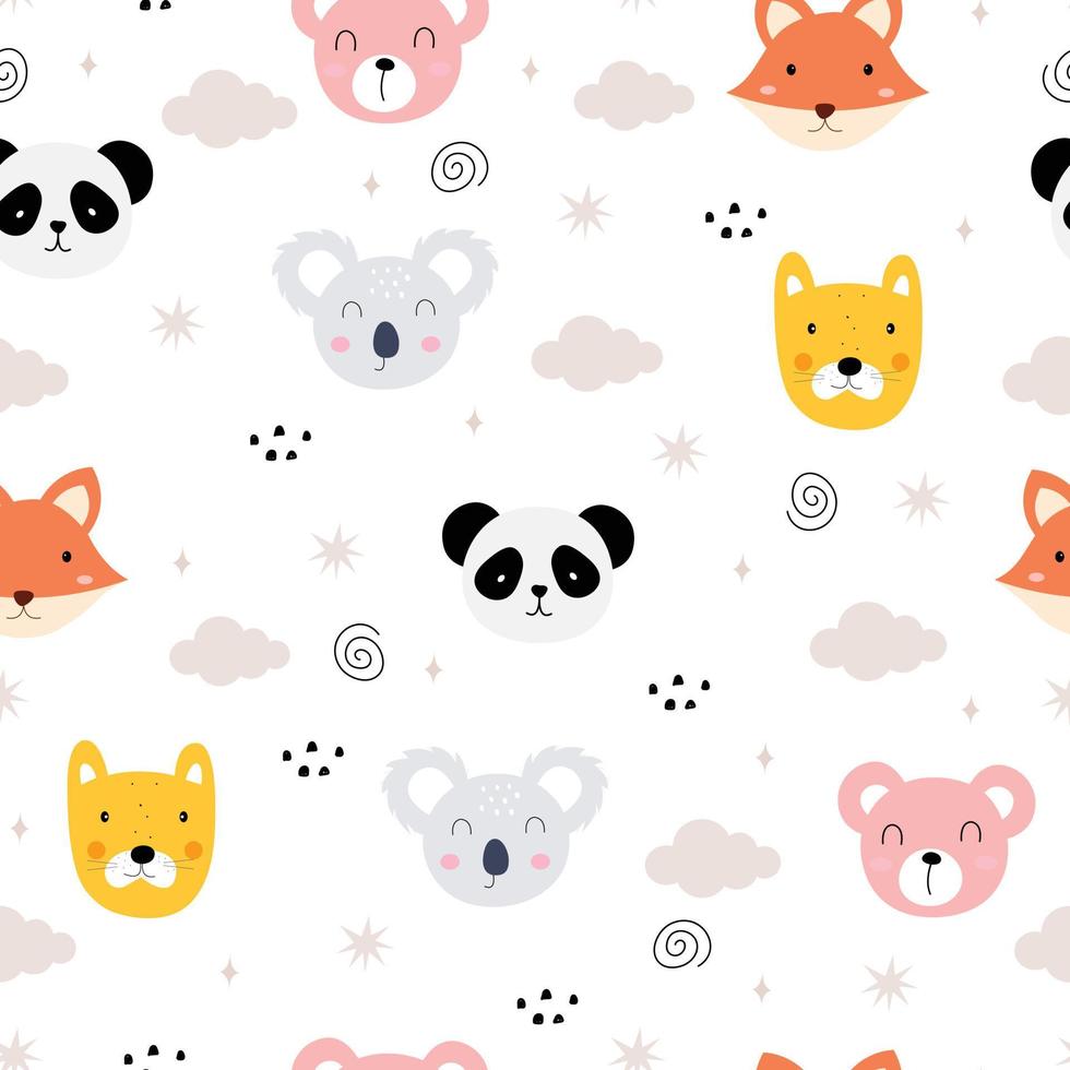 Seamless pattern Cartoon animal background with face Tiger, koala, fox, cute design hand drawn in kid style Used for printing, wallpaper, fabric, textiles Vector illustration