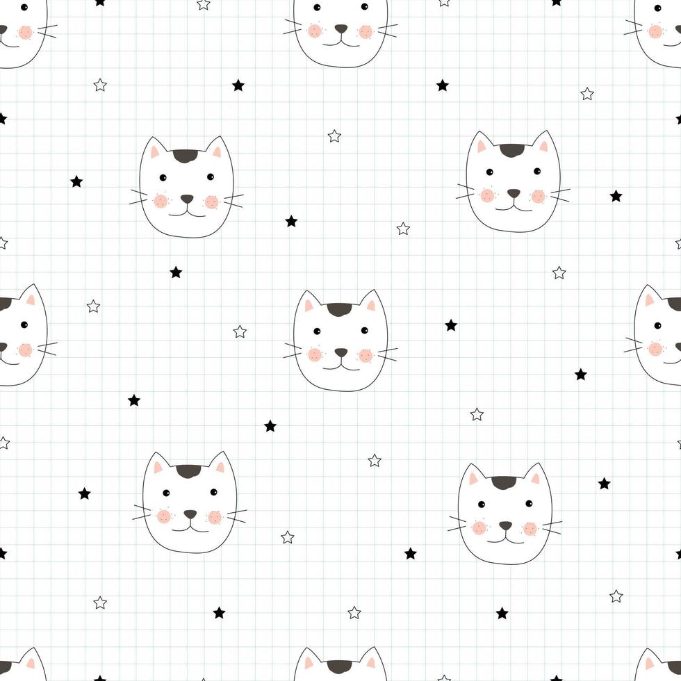 Seamless vector pattern Cute animal cartoon background with cat face Hand drawn design in kid style and with square grid as wallpaper. Used for fabrics, textiles, wallpapers