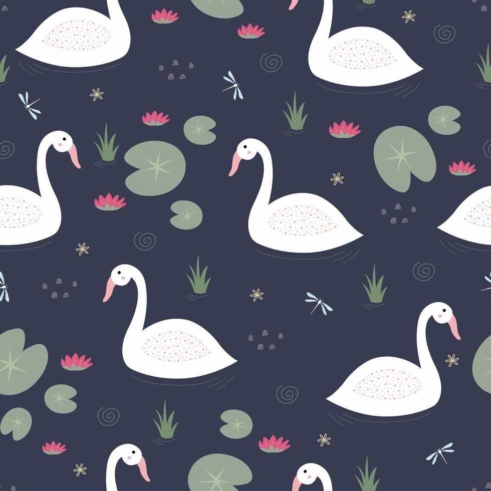 el cisne flota en el lago de patrones sin fisuras lindos animales de dibujos animados en el diseño de fondo azul utilizado para telas, textiles, ilustración vectorial vector